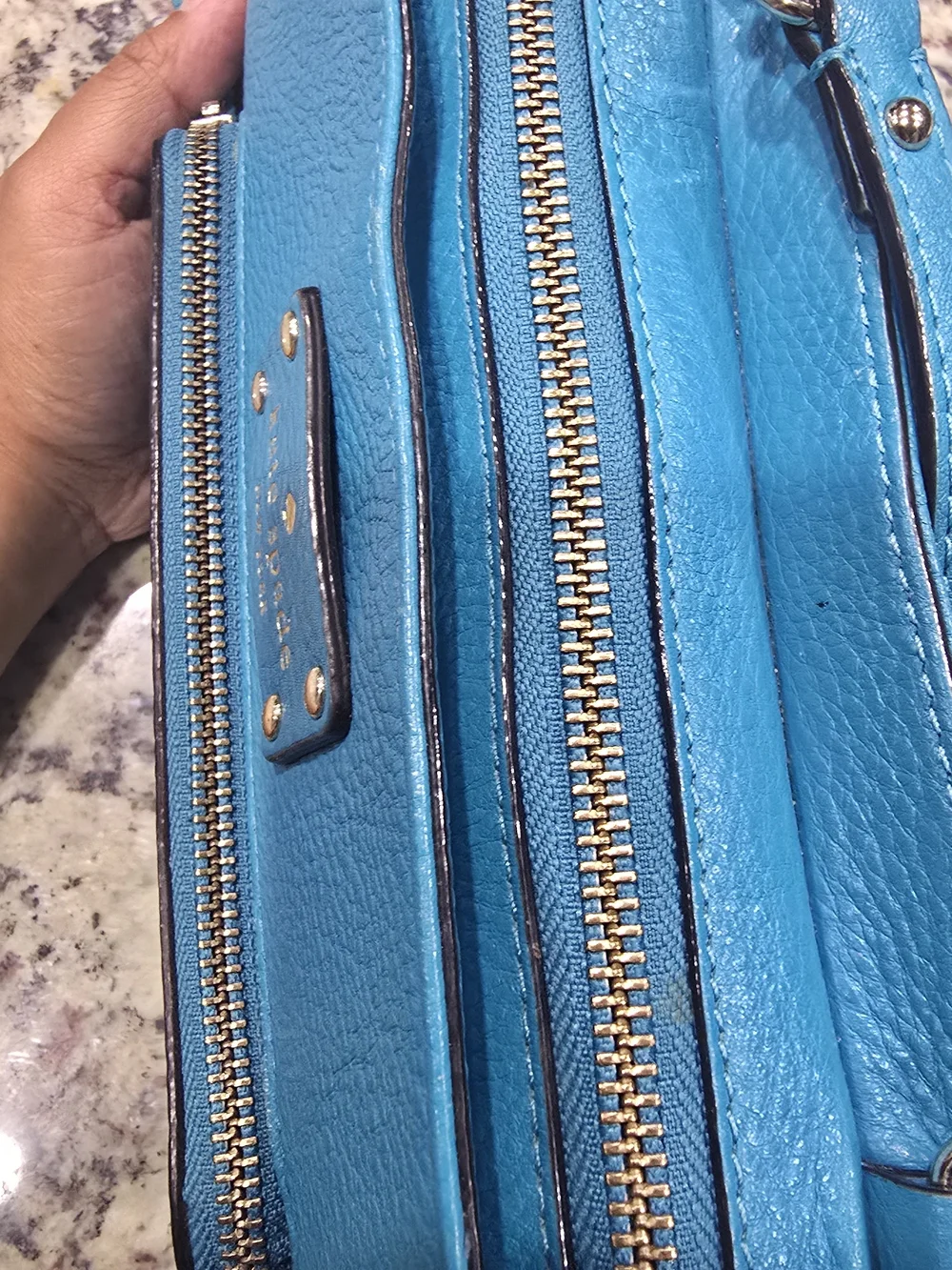 Kate Spade New York Tiffany Blue Pebbled Leather Crossbody Bag Gold Zip